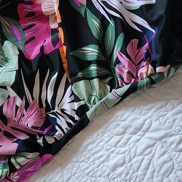 Off The Shoulder Black Tropical Print Tummy Control Waist Mininizer Swimsuit - Picture 11 of 15